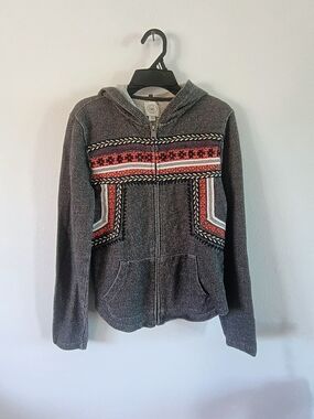 Lucky Lotus Medium Boho Embroidered Zip Hoodie Gray Southwest Festival Jacket